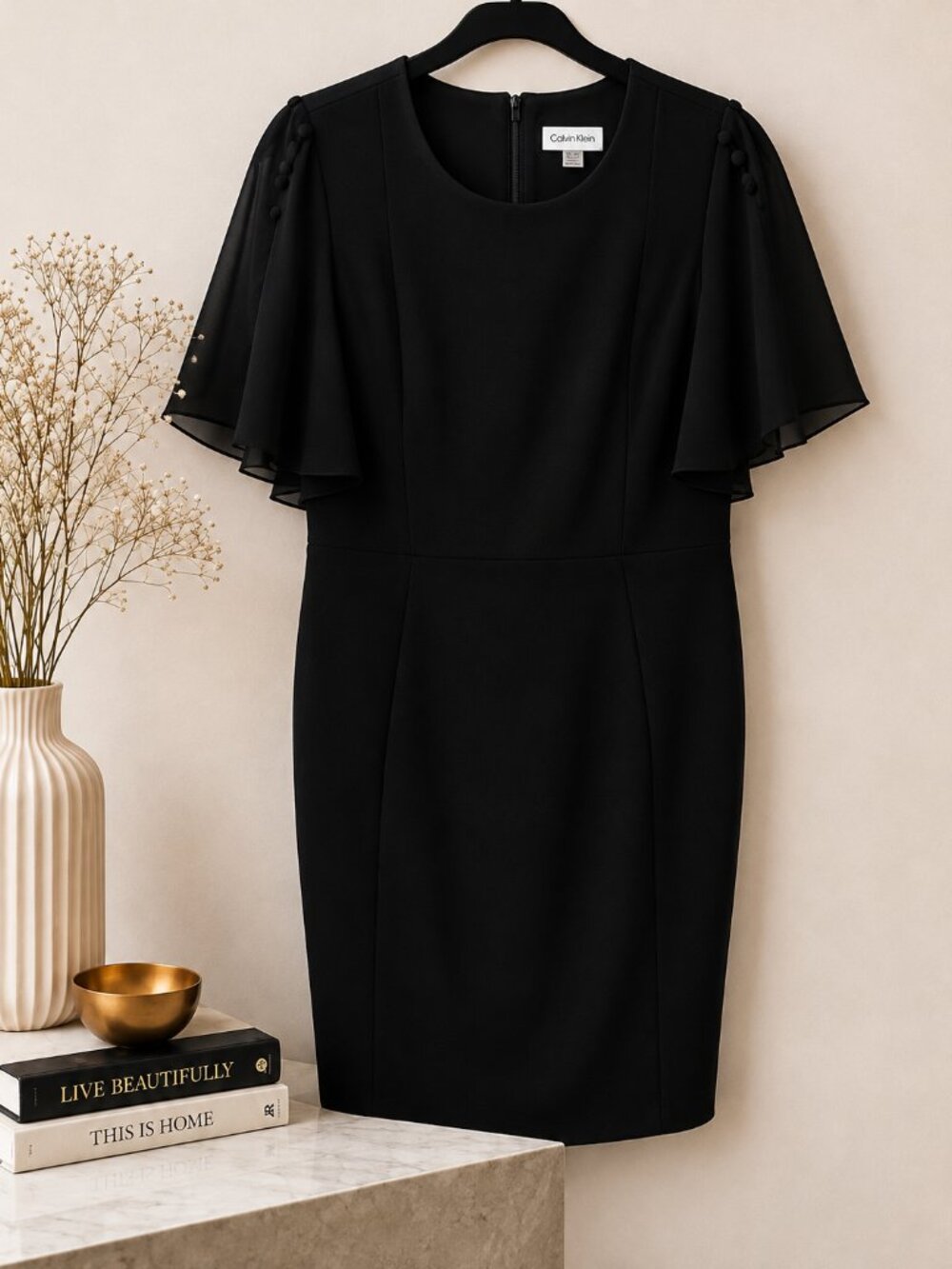 Calvin Klein Black Sheath Dress Flutter Sleeve Petite 10P Cocktail